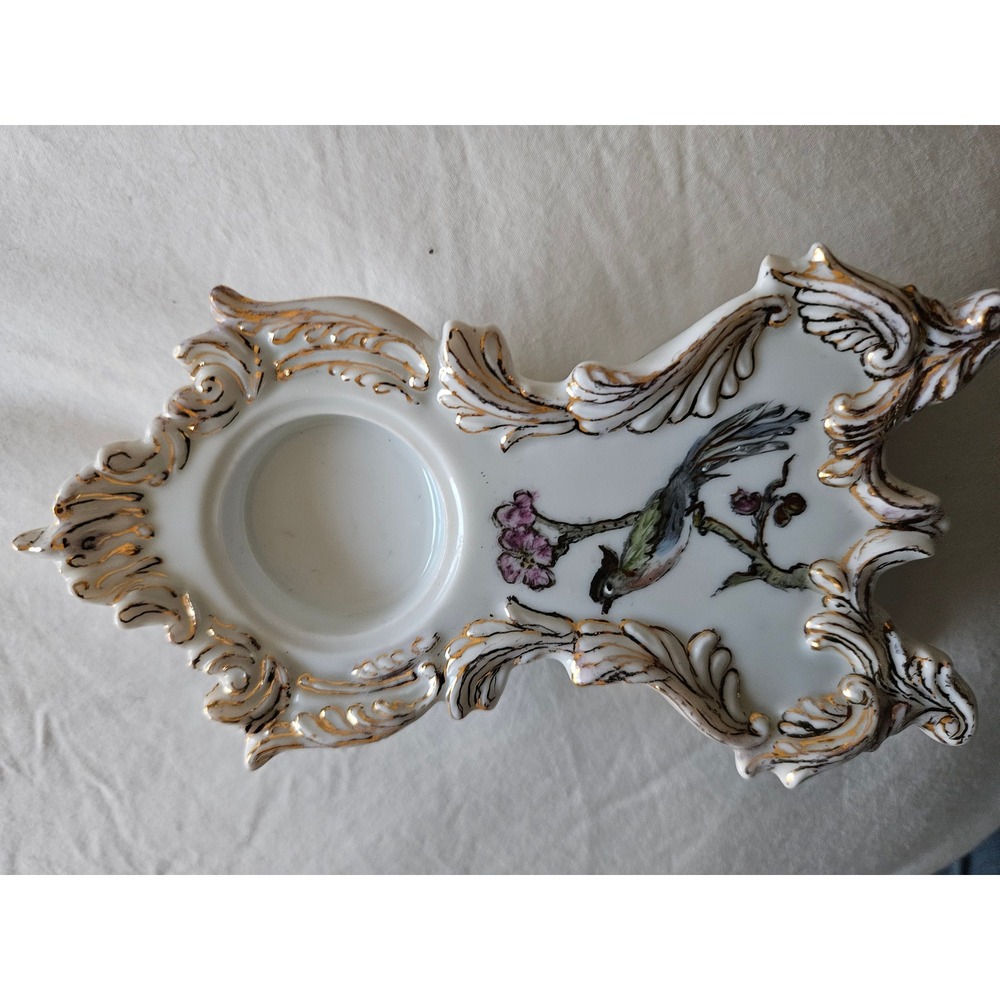 Antique Porcelain Victorian Inkwell‎ white  gold accents colorful